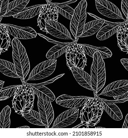 Seamless pattern with magnolia flowers branch and seeds on a black background in line art.