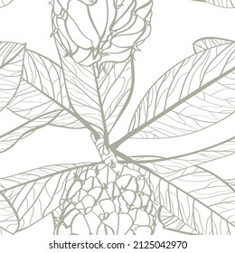 Seamless pattern with magnolia flowers branch and seeds on a white background in line art.