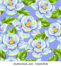 Seamless pattern with magnolia flowers. Bright buds and leaves.