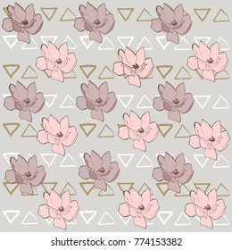 Seamless pattern with magnolia flowers and hand drawn triangles