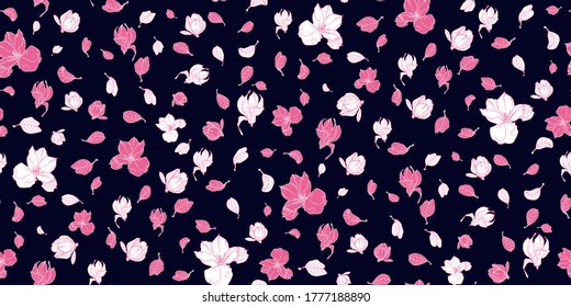 Seamless pattern with magnolia flowers isolated on black background. Floral vector pattern for invitations, cards, print, gift wrap, manufacturing, textile, fabric, wallpapers. Composition art style