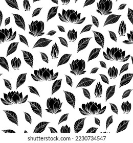 Nahtloses Muster mit magnolischen Blumen und Blättern. Schwarz-Weiß