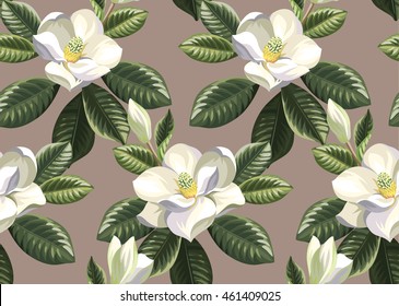 Seamless pattern with magnolia flowers and leaves. Vector illustration.