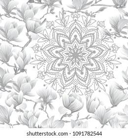 Seamless pattern with  magnolia flowers and mandala. Vector illustration. In monochrome gray colors