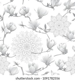 Seamless pattern with  magnolia flowers and mandala. Vector illustration. In monochrome gray colors
