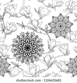 Seamless pattern with magnolia flowers and mandala. Vector illustration. Outline drawing. 