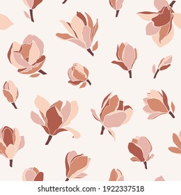 Seamless pattern with magnolia flowers. Modern minimalistic style, blooming buds on a beige background. Spring floral design for textile, packaging, posters, wedding decor. Vector illustration.
