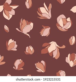 Seamless pattern and magnolia flowers  Modern minimalistic style  blooming buds brown background  Spring floral design for textile  packaging  posters  wedding decor  Vector illustration 