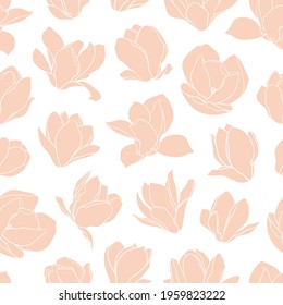 Seamless pattern with magnolia flowers. Modern minimalistic style, beige blooming buds on white background. Spring floral design for textile, packaging, wedding decor, postcards. Vector illustration.