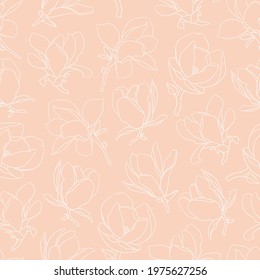 Seamless pattern with magnolia flowers. Modern minimalistic style, white line blooming buds on branches, beige background. Spring floral design for textile, package, wedding decor. Vector illustration