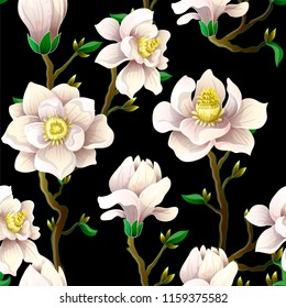 Seamless pattern with magnolia flowers on a black background. Vector illustration.