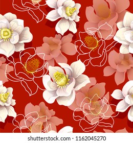 Seamless pattern with magnolia flowers on a red background. 