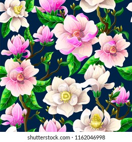 Seamless pattern with magnolia flowers on a blue background. 