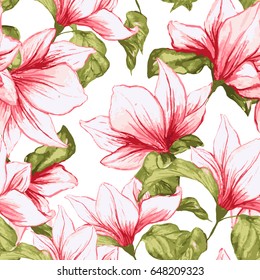 Seamless pattern with magnolia flowers on the white background. Fresh summer tropical blossoming pink flowers for fabric textile design. Vector illustration