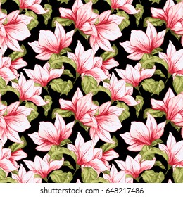 Seamless pattern with magnolia flowers on the black background. Fresh summer tropical blossoming pink flowers for fabric textile design. Vector illustration