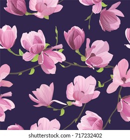 Seamless pattern magnolia flowers on dark purple background. Vector set of blooming floral for wedding invitations and greeting card design. 
