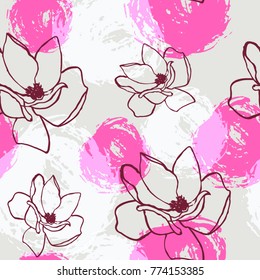 Seamless pattern with magnolia flowers and textured circles