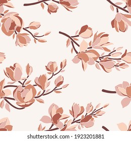 Seamless pattern and magnolia flowers  Trendy minimalistic style  branches and blooming buds beige  Spring floral background for textile  packaging  posters  wedding decor  Vector illustration 