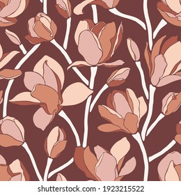 Seamless pattern with magnolia flowers. Trendy minimalistic style, branches with blooming buds on brown. Spring floral background for textile, packaging, posters, wedding decor. Vector illustration.