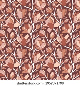 Seamless pattern with magnolia flowers. Trendy minimalistic style, branches with blooming buds. Floral pattern for textile, packaging, wrapping paper, wedding decor, wall design. Vector illustration.
