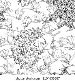 Seamless pattern with magnolia flowers with unicorn. Vector illustration. Outline drawing. 