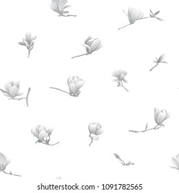 Seamless pattern with  magnolia flowers. Vector illustration. In monochrome gray colors