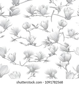 Seamless pattern with  magnolia flowers. Vector illustration. In monochrome gray colors