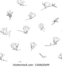 Seamless pattern with magnolia flowers. Vector illustration. Outline drawing. 