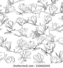 Seamless pattern with magnolia flowers. Vector illustration. Outline drawing. 