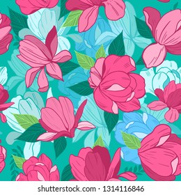 Seamless pattern with magnolia flowers. Vector illustration