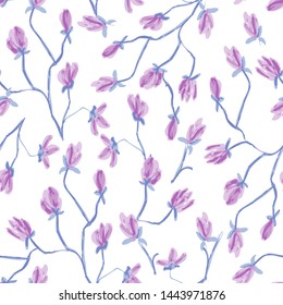 Seamless pattern with magnolia flowers in watercolor imitation style. Vector illustration of blooming floral for wedding invitations , textile prints, scrapbooking and greeting card design.