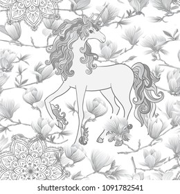 Seamless pattern with  magnolia flowers witn unicorn. Vector illustration. In monochrome gray colors