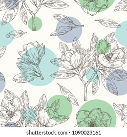 Seamless pattern with magnolia grandiflora: magnolia flowering branch, leaves, magnolia grandiflora flowers and bud. Cosmetic, perfumery and medical plant. Vector hand drawn illustration