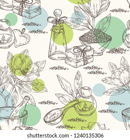 Seamless pattern with magnolia grandiflora: flowering branch, leaves, magnolia grandiflora flowers, bud, soap and bath salt . Cosmetic, perfumery and medical plant. Vector hand drawn illustration