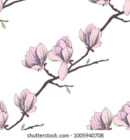 Seamless pattern with magnolia. Hand drawn  spring flowers. Vector illustration