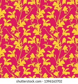 Seamless pattern with magnolia tree blossom. Pink floral background with branch and magnolia flower. Spring design with big floral elements. Hand drawn botanical illustration