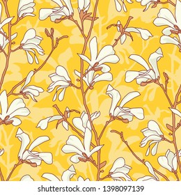 Seamless pattern with magnolia tree blossom. Yellow floral background with branch and white magnolia flower. Spring design with big floral elements. Hand drawn botanical illustration.