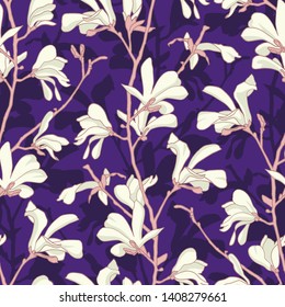 Seamless pattern with magnolia tree blossom. Purple floral background with branch and white magnolia flower. Spring design with big floral elements. Hand drawn botanical illustration.