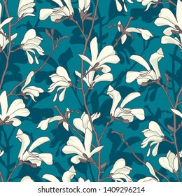 Patrón sin problemas con la flor de los árboles de magnolia. Fondo floral verde con flores de rama y magnolia blanca. Diseño primaveral con grandes elementos florales. Dibujo botánico dibujado a mano.