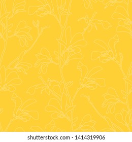 Seamless pattern with magnolia tree blossom. Yellow floral background with branch and magnolia flower. Spring design with big floral elements. Hand drawn botanical illustration