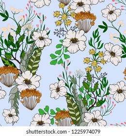 Seamless pattern with magnolia and wild flowers. Vector.