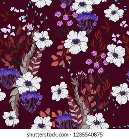 Seamless pattern with magnolia and wild flowers. Vector.