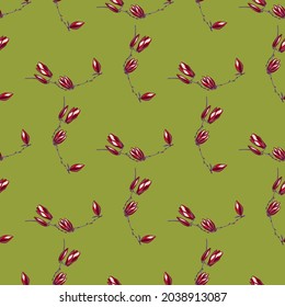 Seamless pattern Magnolias on bright green background. Beautiful texture with red flowers. Geometrical floral template for fabric. Design vector illustration.