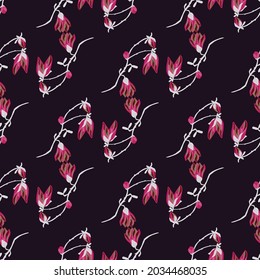 Seamless pattern Magnolias on dark background. Beautiful ornament with red flowers. Geometrical floral template for fabric. Design vector illustration.