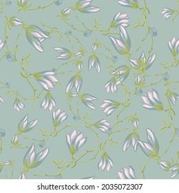 Seamless pattern Magnolias on light green background. Beautiful texture with spring flowers. Random floral template for fabric. Design vector illustration.