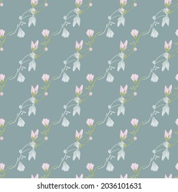 Magnolias sin foco sobre fondo azul claro. Hermoso adorno con flores rosa pastel. Plantilla floral geométrica para tela. Diseñar ilustración vectorial.