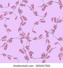 Seamless pattern Magnolias on pastel pink background. Beautiful texture with spring flowers. Random floral template for fabric. Design vector illustration.