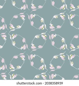 Seamless pattern Magnolias on pastel blue background. Beautiful ornament with spring flowers. Geometrical floral template for fabric. Design vector illustration.