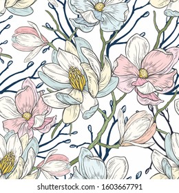 Seamless pattern with magnolias. Vector illustration on a white background. Design wallpaper, fabric and packaging.