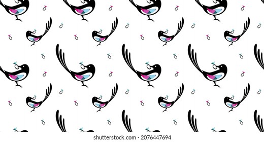 Seamless pattern of Magpie birds with diamond ring in its beak on white background. For branding jewelry store, wedding, kids card. Vector illustration